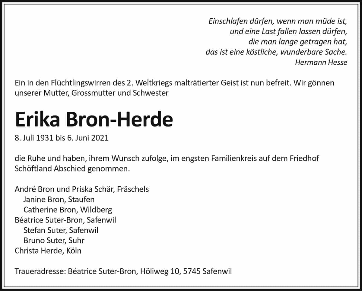 Todesanzeige Erika Bron-Herde 1931 | Der Landanzeiger
