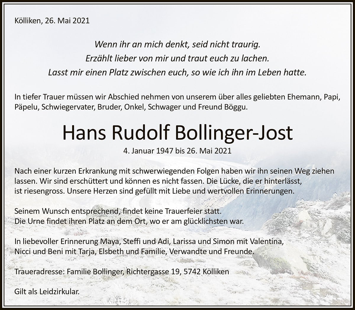 Todesanzeige Hans Rudolf Bollinger-Jost 1947 | Der Landanzeiger