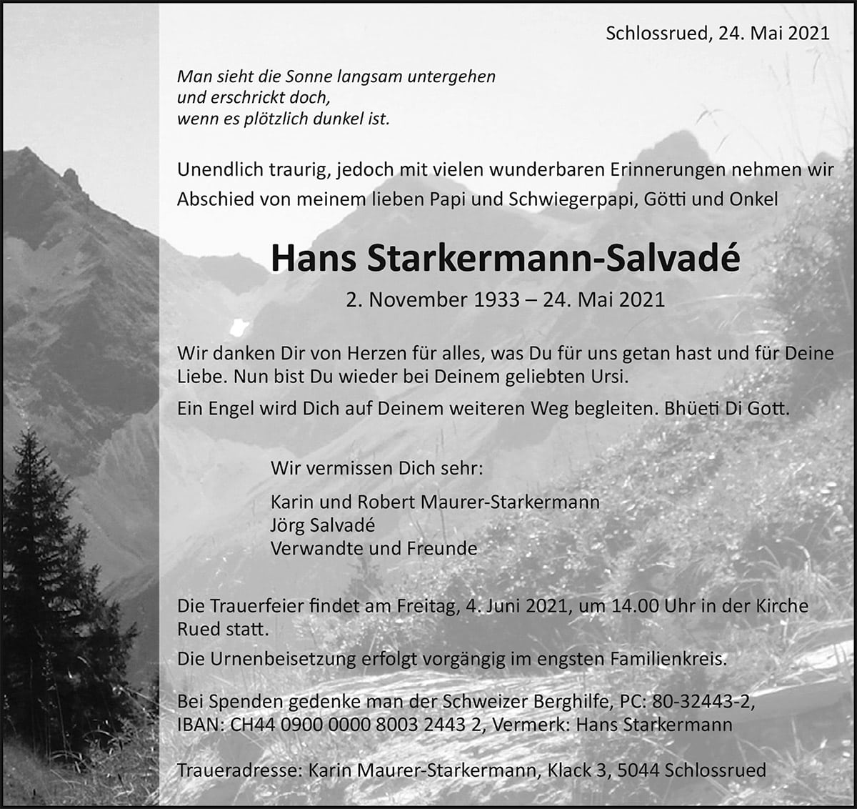 Todesanzeige Hans Starkermann-Salvadé 1933 | Der Landanzeiger