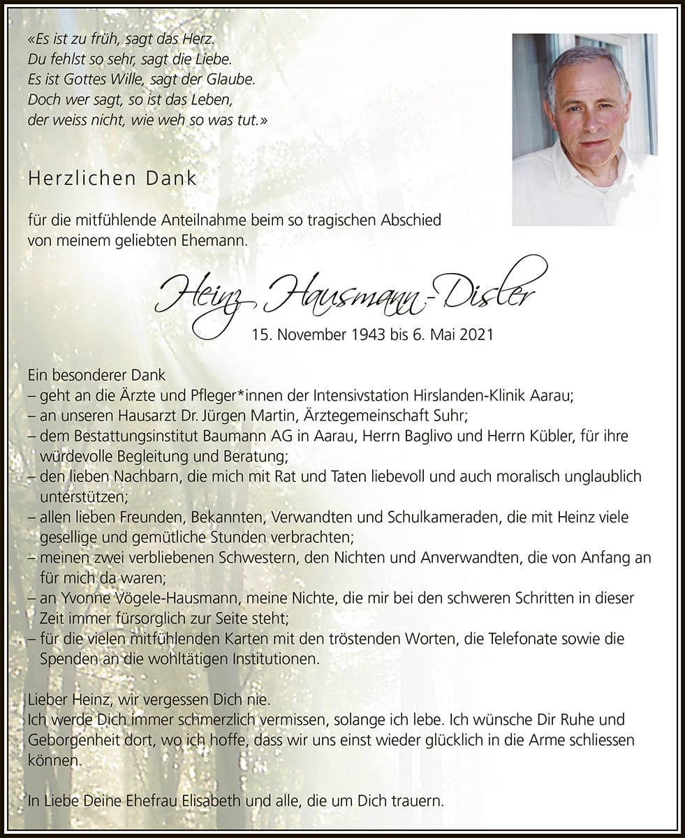 Todesanzeige Heinz Hausmann-Disler 1943 | Der Landanzeiger