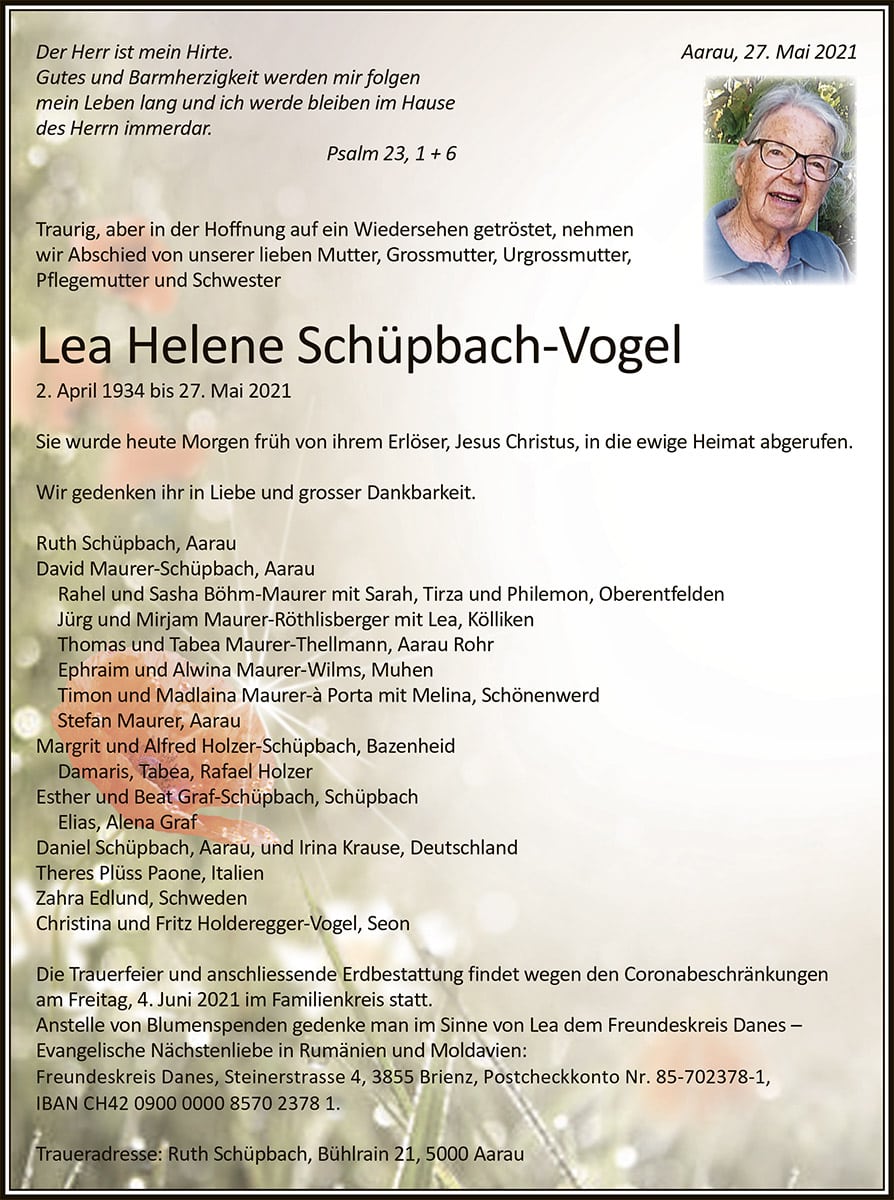 Todesanzeige Lea Helene Schüpbach-Vogel 1934 | Der Landanzeiger