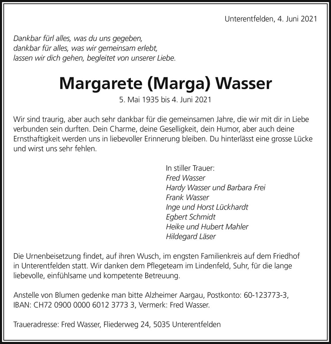 Todesanzeige Margarete (Marga) Wasser 1935 | Der Landanzeiger