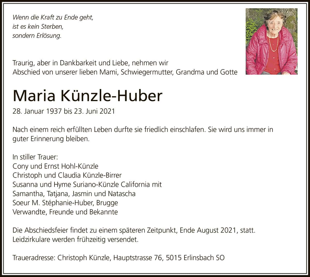 Todesanzeige Maria Künzle-Huber 1937 | Der Landanzeiger