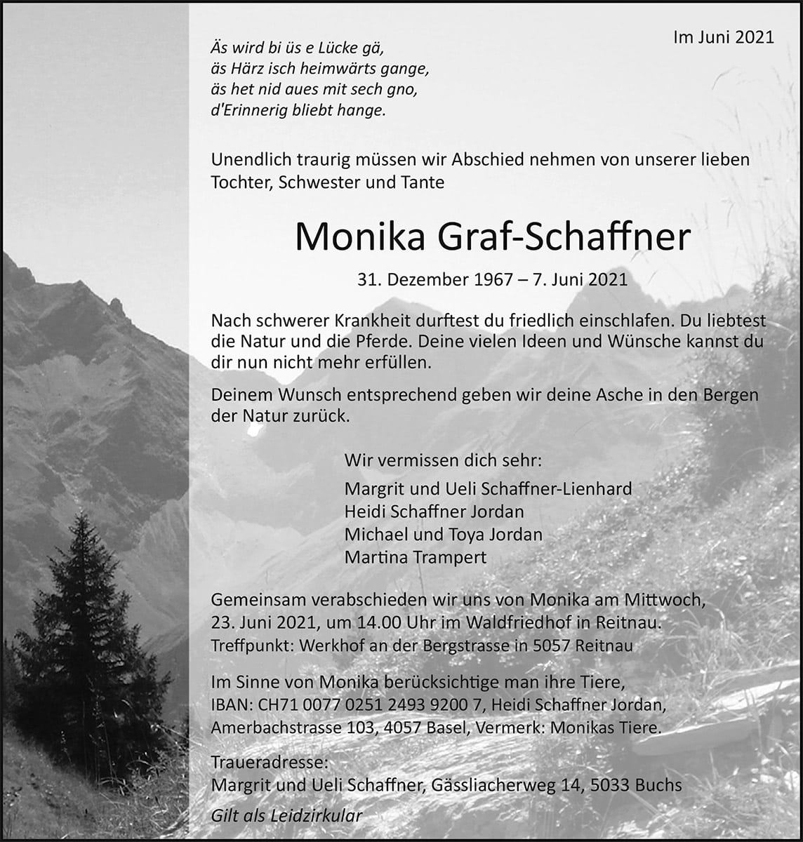 Todesanzeige Monika Graf-Schaffner 1967 | Der Landanzeiger