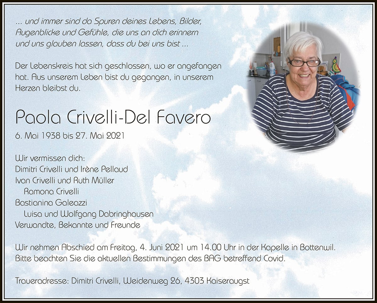 Todesanzeige Paola Crivelli-Del Favero 1938 | Der Landanzeiger