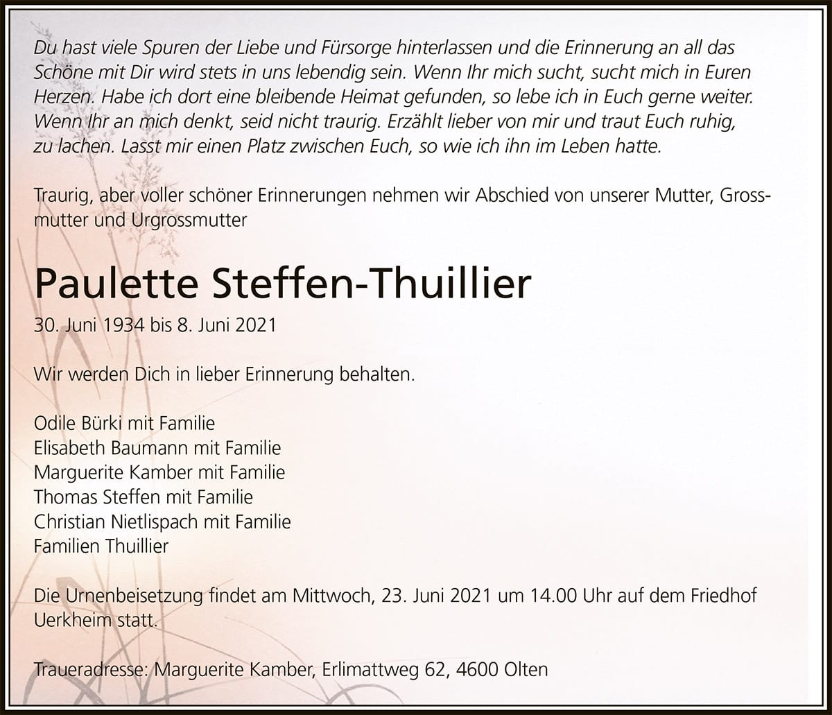 Todesanzeige Paulette Steffen-Thuillier 1934 | Der Landanzeiger