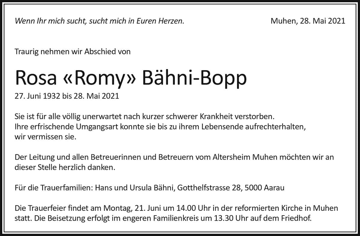 Todesanzeige Rosa «Romy» Bähni-Bopp 1932 | Der Landanzeiger
