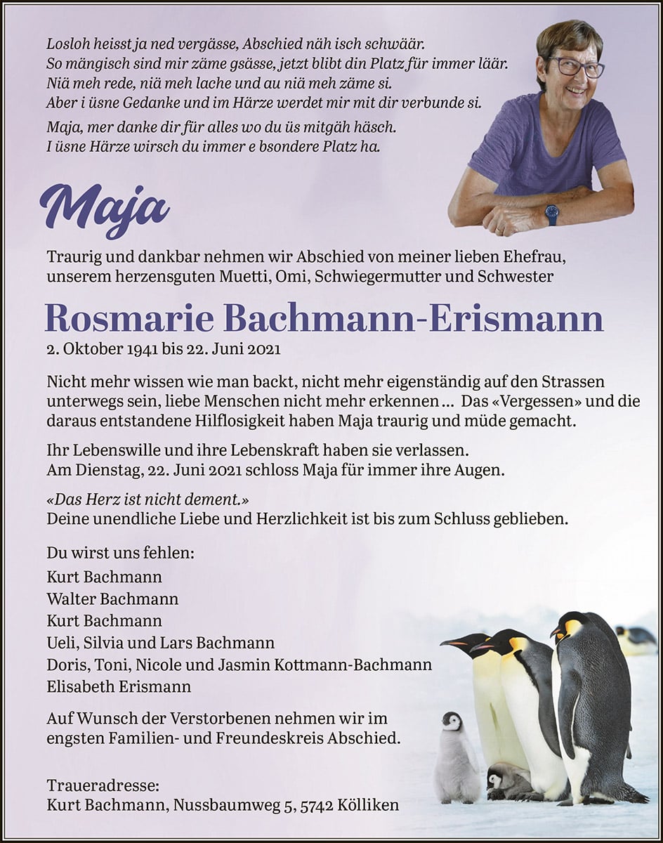 Todesanzeige Rosmarie Bachmann-Erismann 1941 | Der Landanzeiger