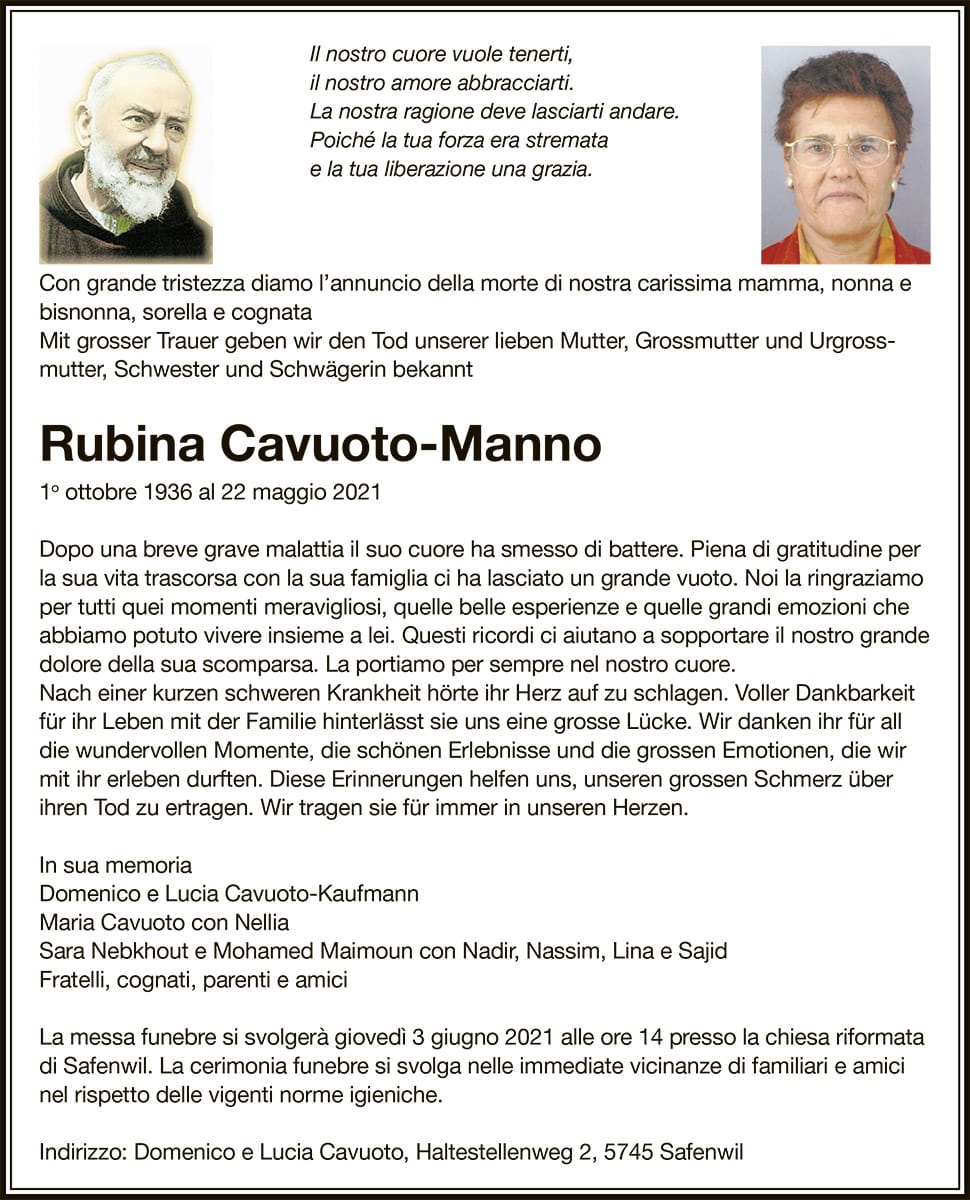 Todesanzeige Rubina Cavuoto-Manno 1936 | Der Landanzeiger
