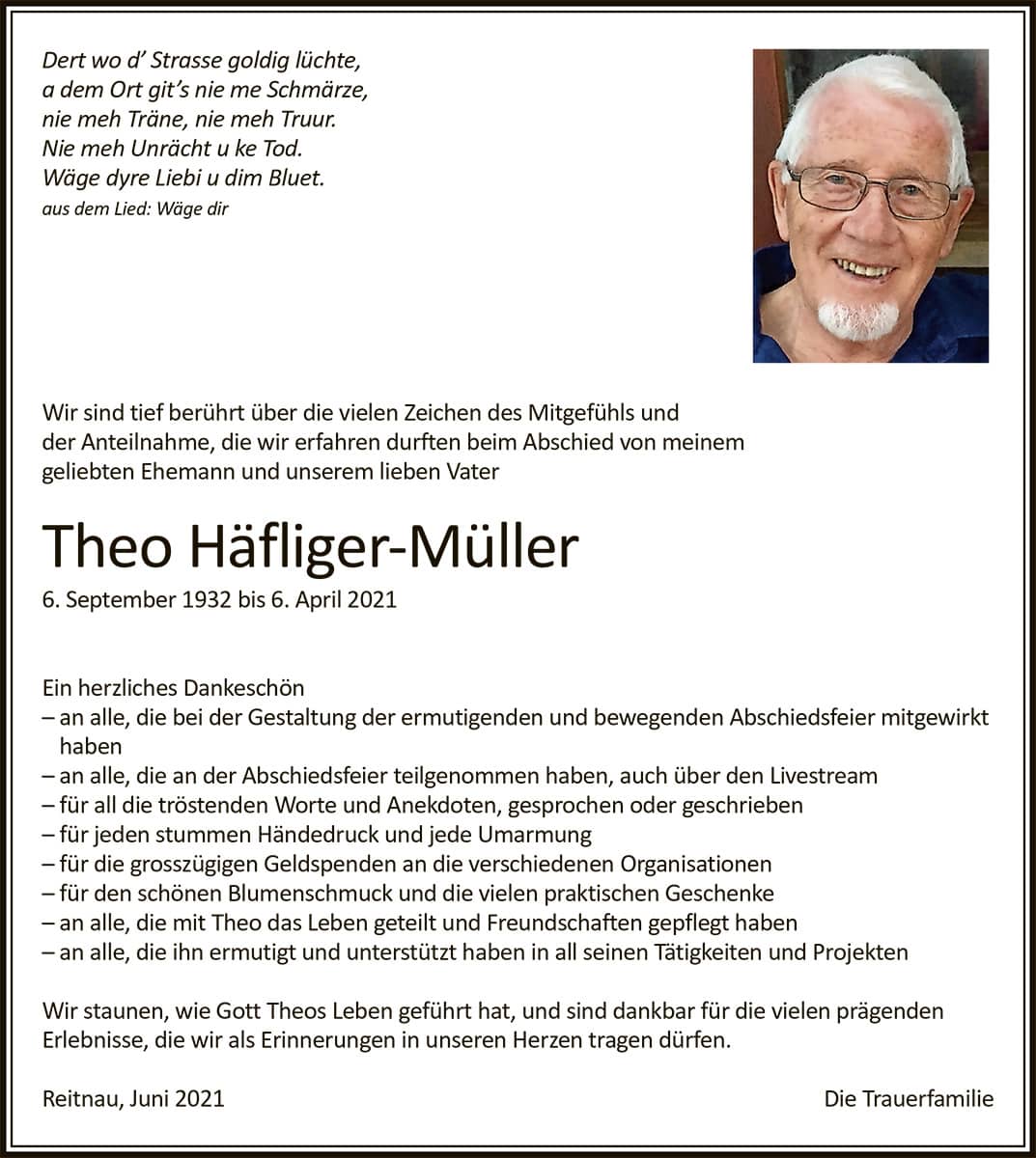 Todesanzeige Theo Haefliger-Mueller 1932 | Der Landanzeiger