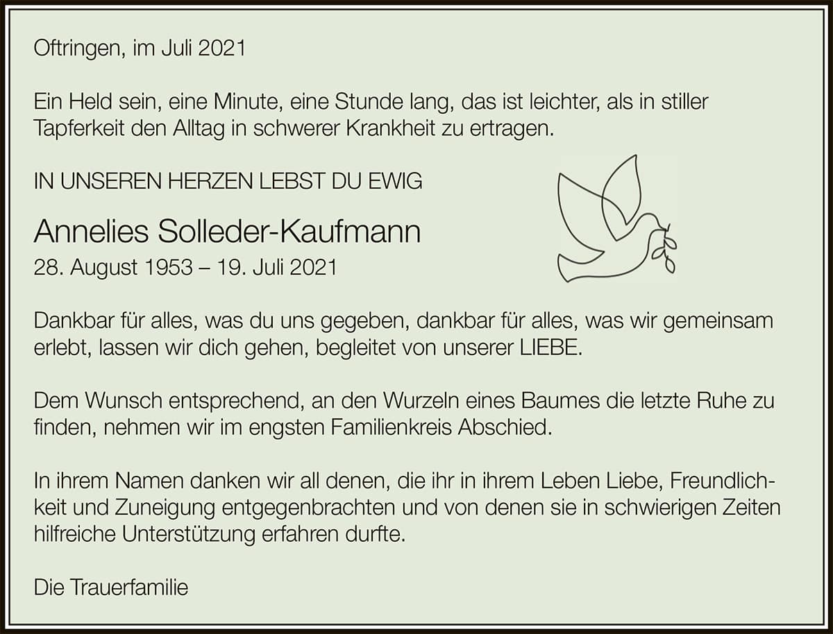 Todesanzeige Annelies Solleder-Kaufmann 1953 | Der Landanzeiger