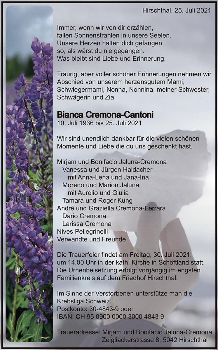 Todesanzeige Bianca Cremona-Cantoni 1936 | Der Landanzeiger