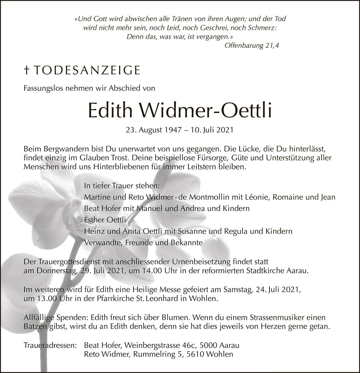 Todesanzeige Edith Widmer-Oettli | Der Landanzeiger