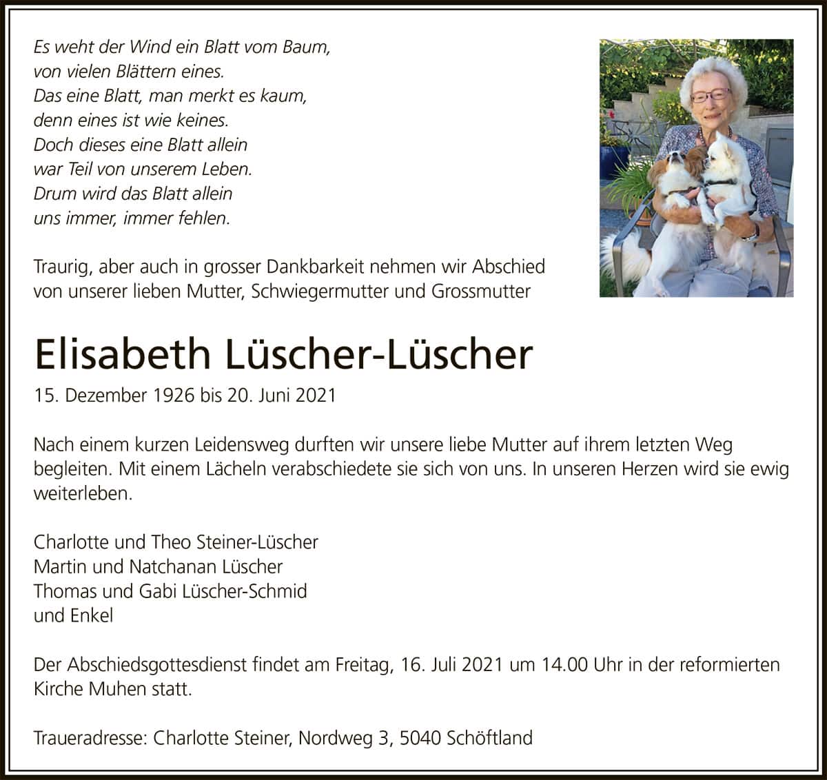 Todesanzeige Elisabeth Lüscher-Lüscher 1926 | Der Landanzeiger