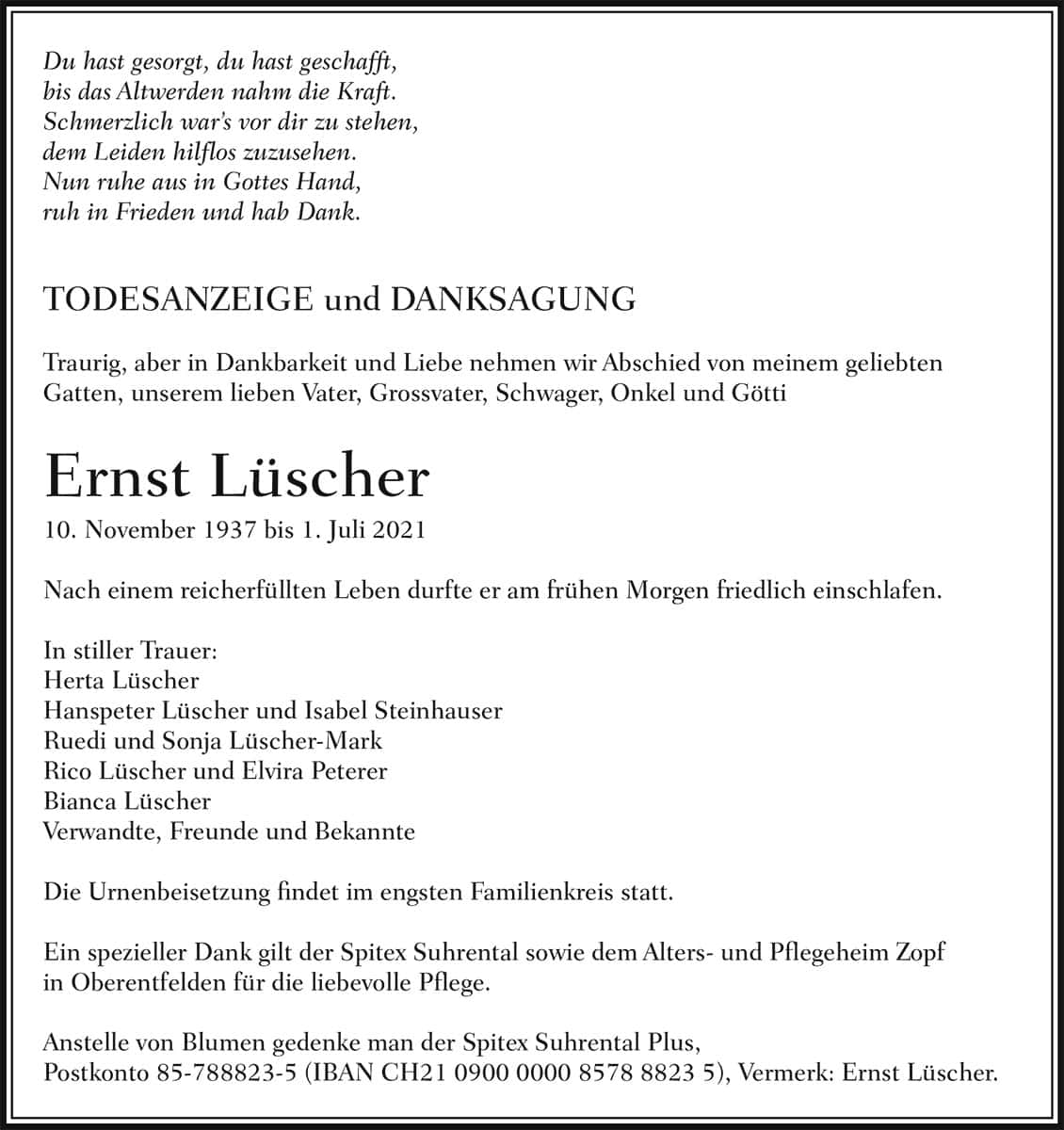 Todesanzeige Ernst Lüscher 1937 | Der Landanzeiger