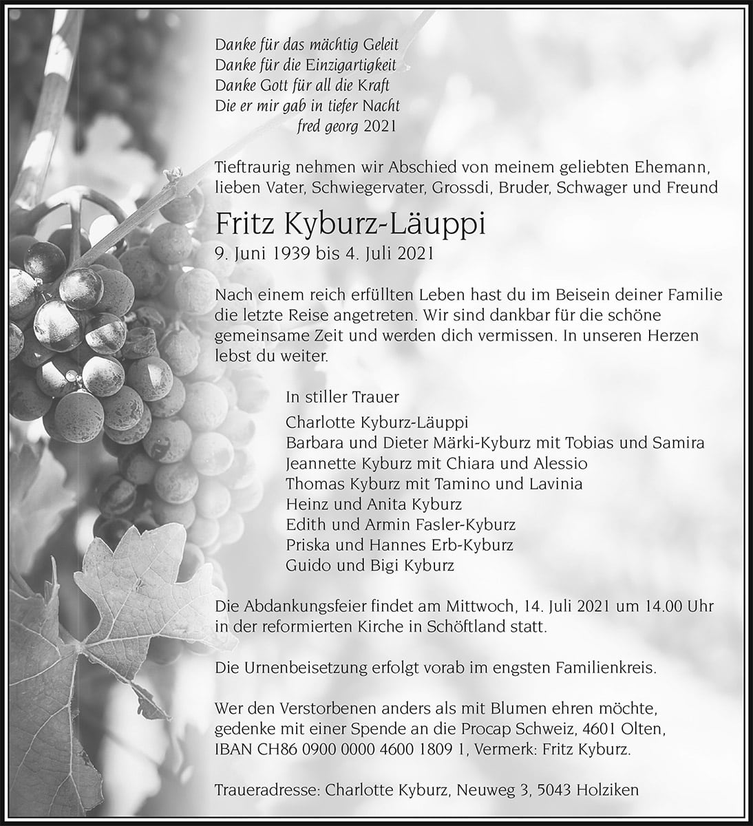 Todesanzeige Fritz Kyburz-Läuppi 1939 | Der Landanzeiger