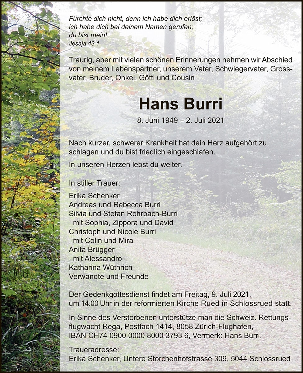 Todesanzeige Hans Burri 1949 | Der Landanzeiger