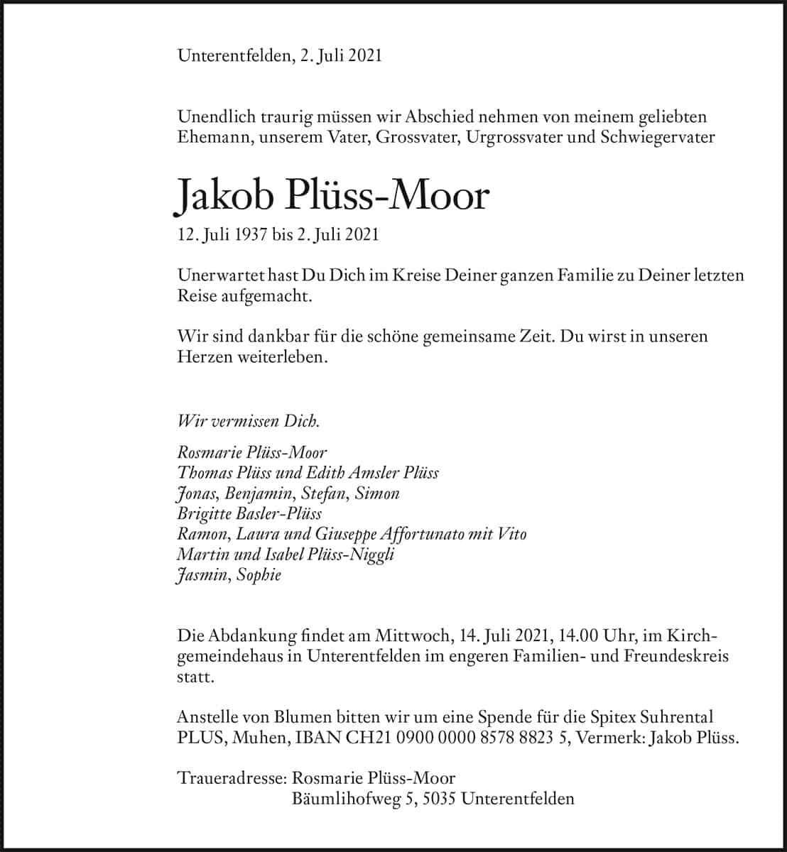 Todesanzeige Jakob Plüss-Moor 1937 | Der Landanzeiger