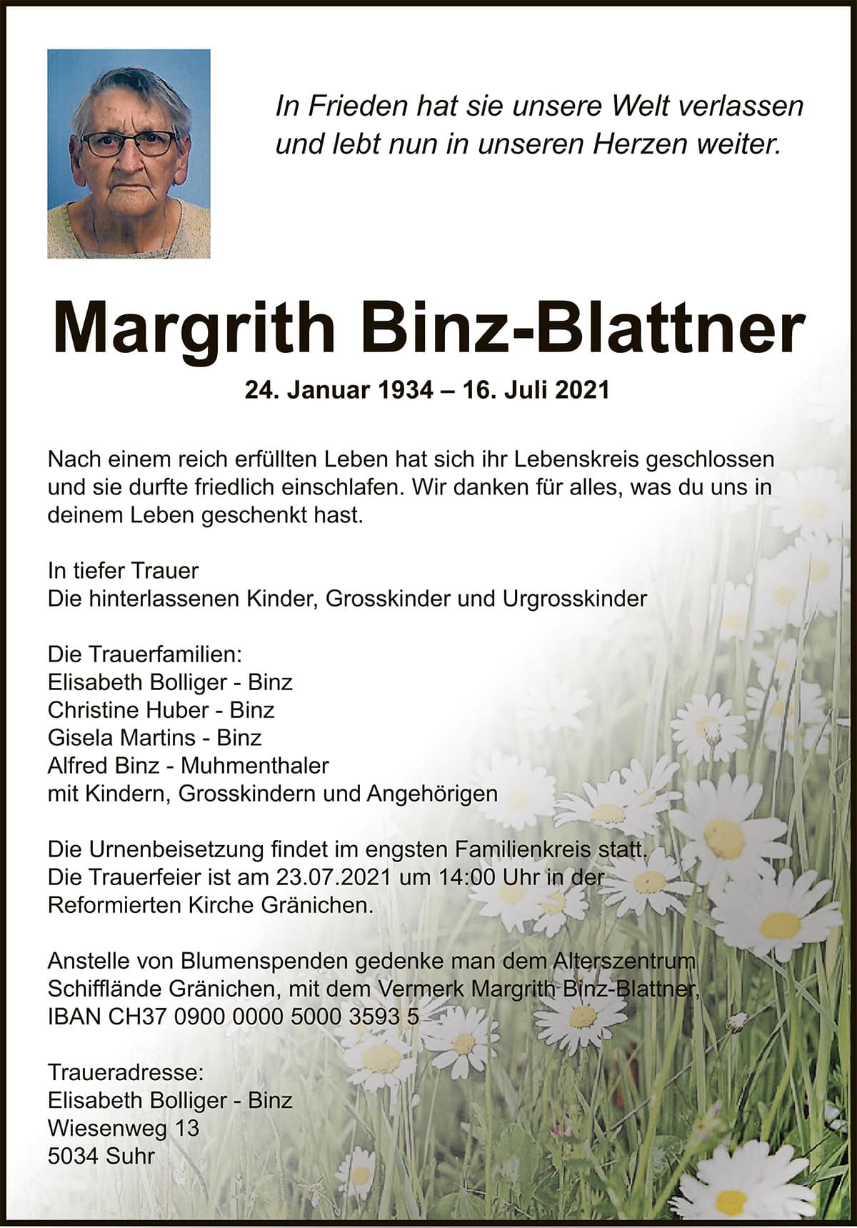 Todesanzeige Margrith Binz-Blattner | Der Landanzeiger