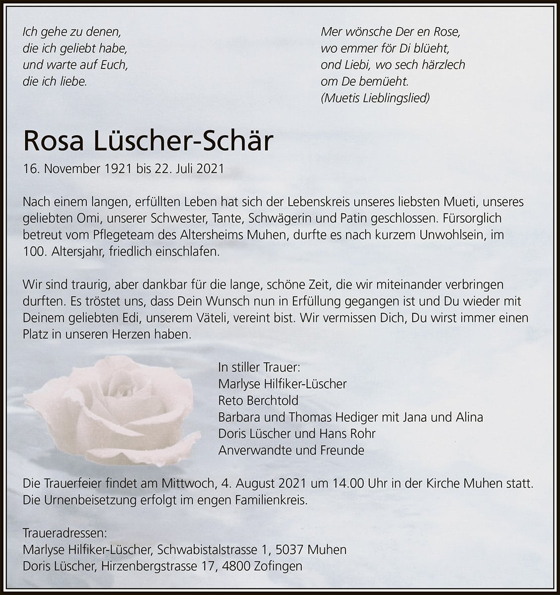 Todesanzeige Rosa Lüscher-Schär 1921 | Der Landanzeiger