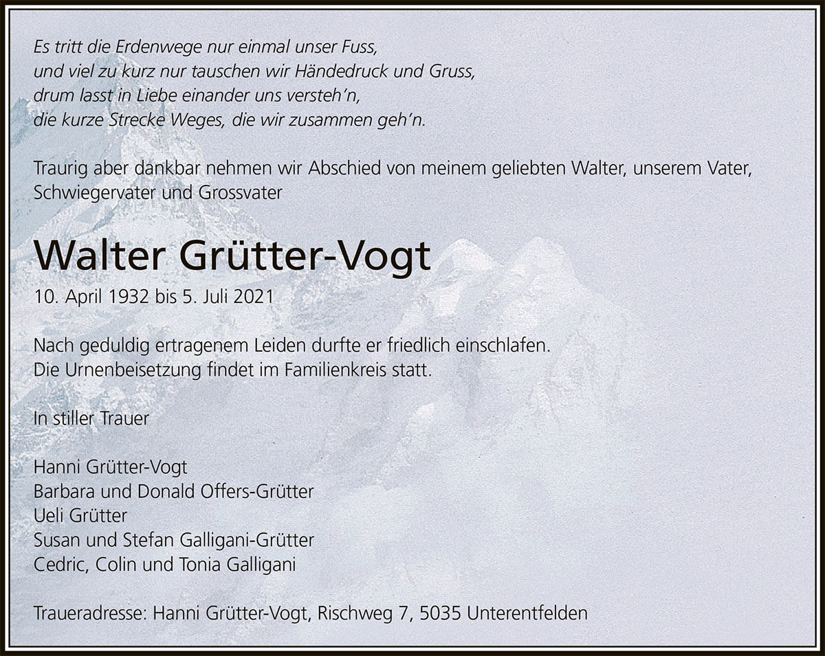Todesanzeige Walter Grütter-Vogt 1932 | Der Landanzeiger