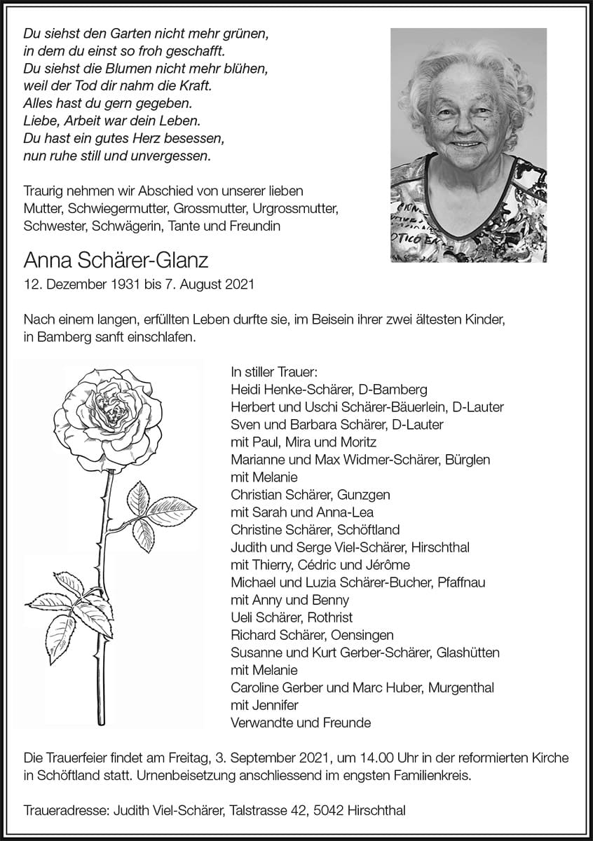 Todesanzeige Anna Schärer-Glanz 1931 | Der Landanzeiger