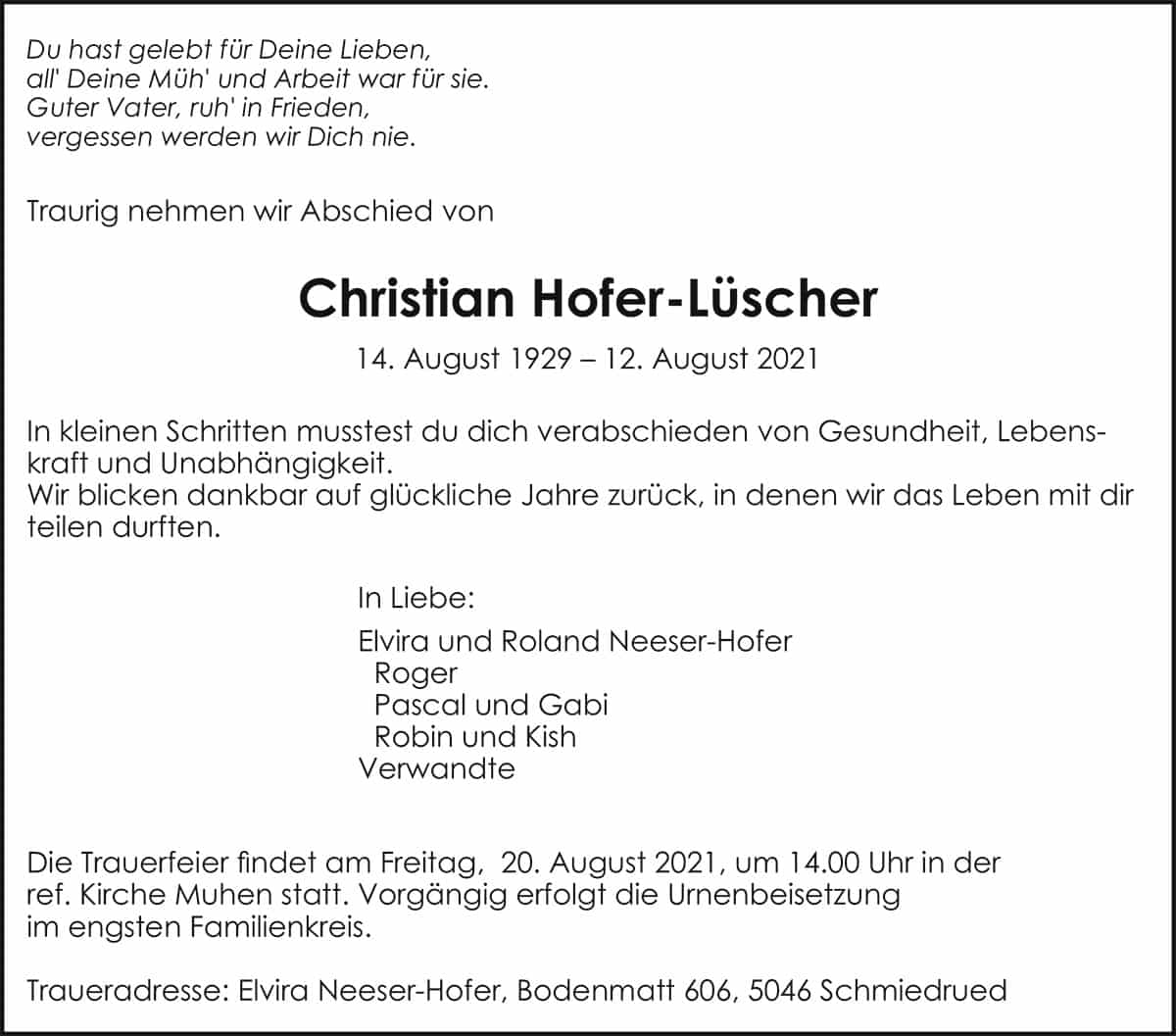 Todesanzeige Christian Hofer-Lüscher 1929 | Der Landanzeiger