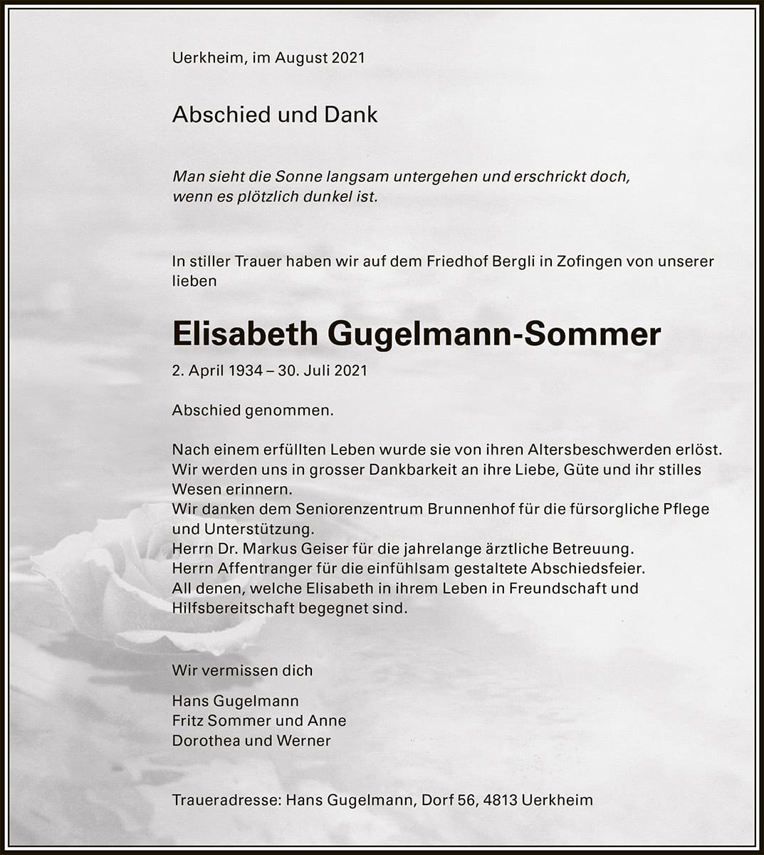 Todesanzeige Elisabeth Gugelmann-Sommer 1934 | Der Landanzeiger