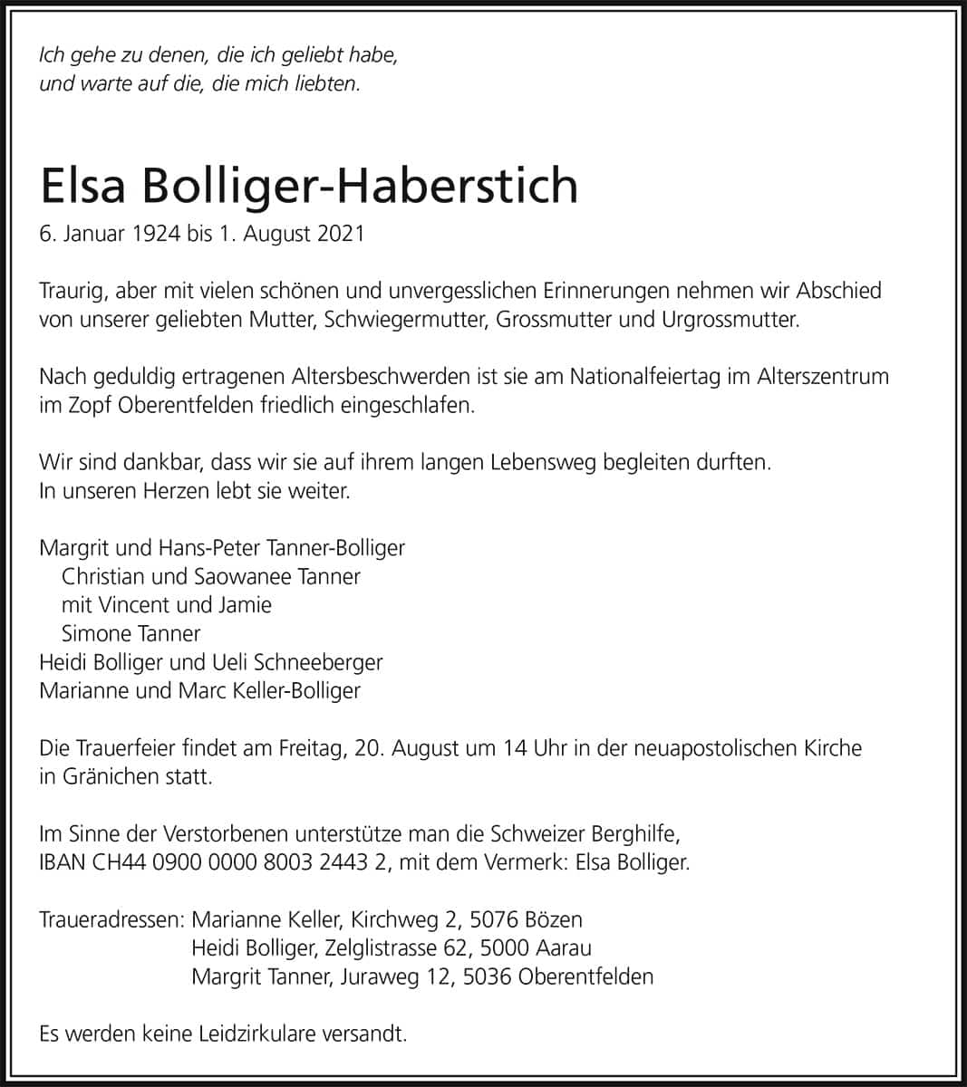 Todesanzeige Elsa Bolliger-Haberstich 1924 | Der Landanzeiger
