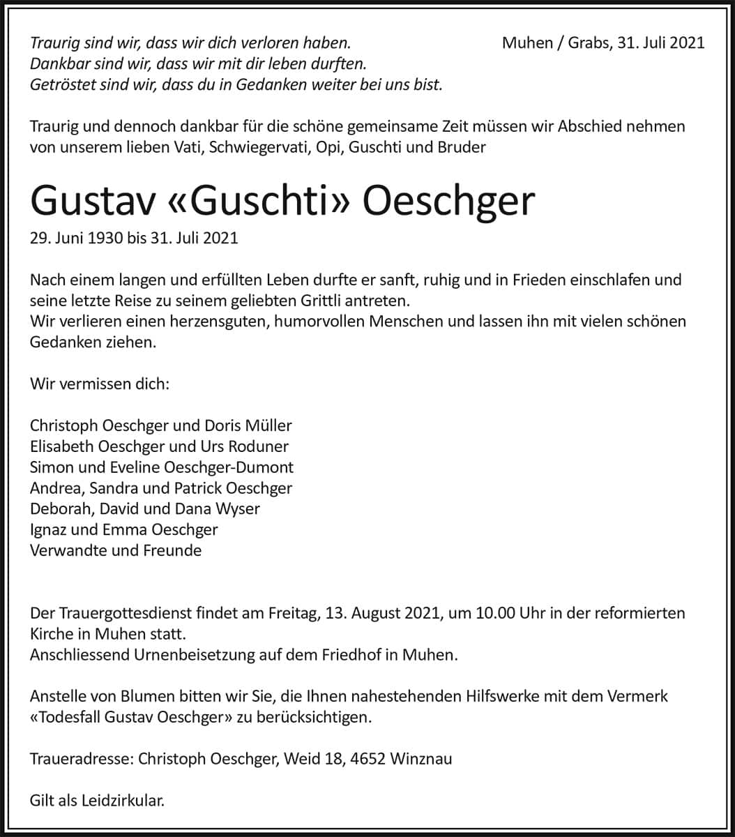 Todesanzeige Gustav «Guschti» Oeschger 1930 | Der Landanzeiger