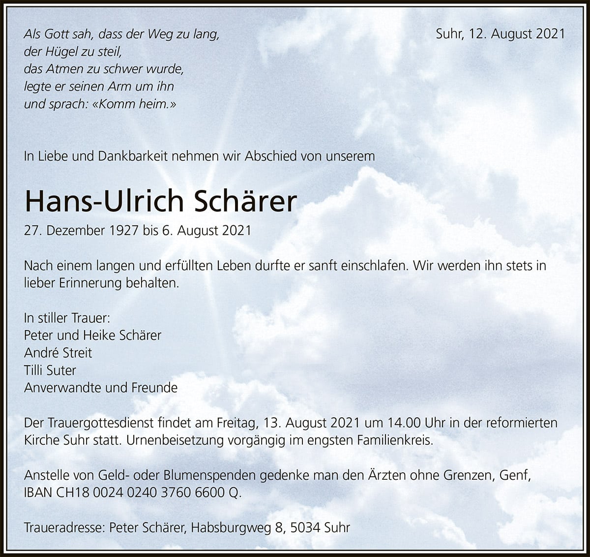 Todesanzeige Hans-Ulrich Schärer 1927 | Der Landanzeiger