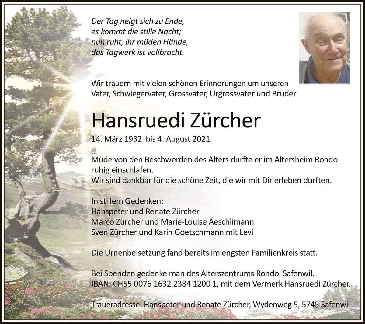 Todesanzeige Hansruedi Zürcher 1932 | Der Landanzeiger