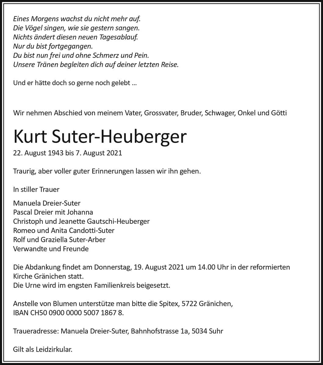 Todesanzeige Kurt Suter-Heuberger 1943 | Der Landanzeiger