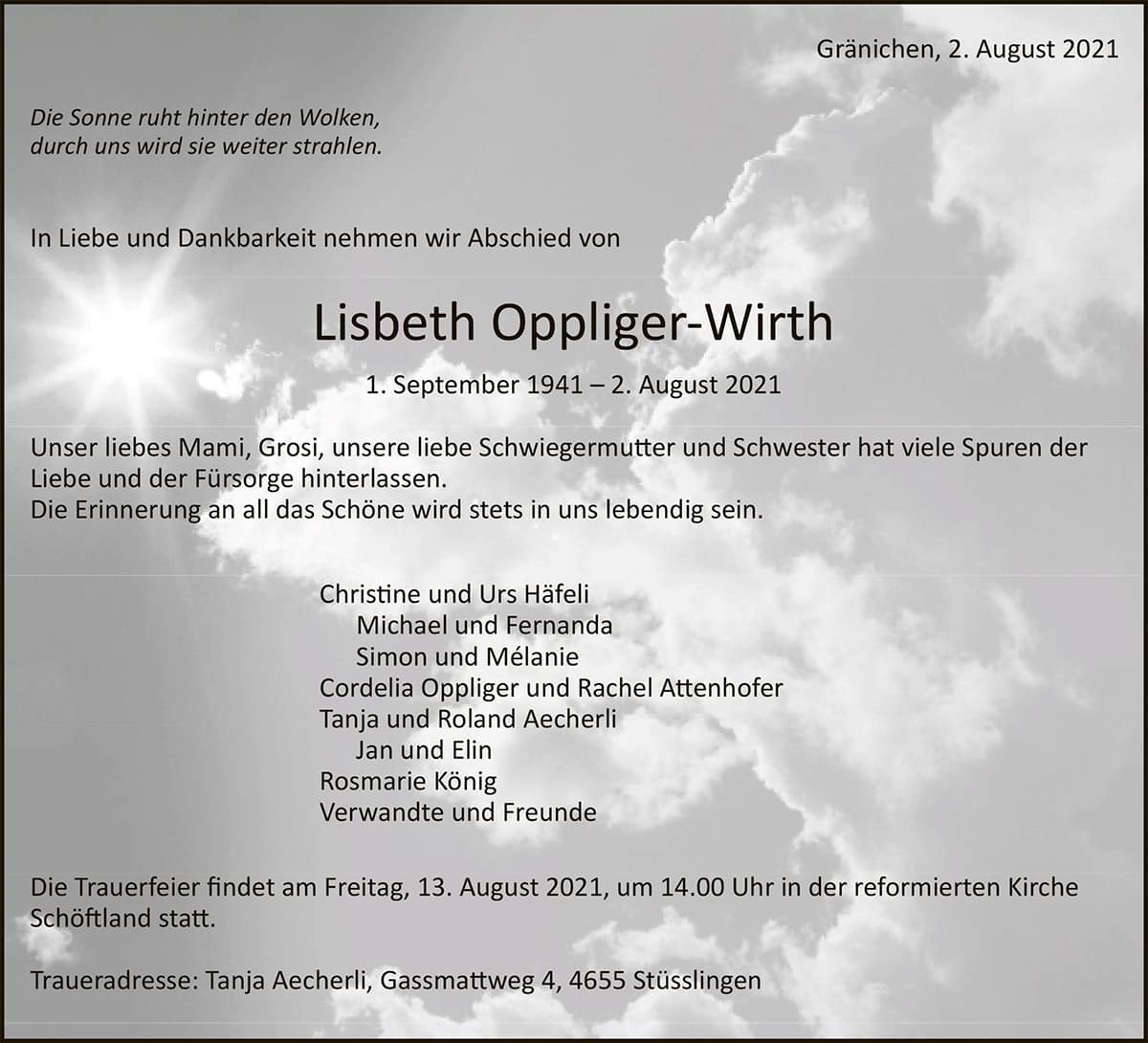 Todesanzeige Lisbeth Oppliger-Wirth 1941 | Der Landanzeiger