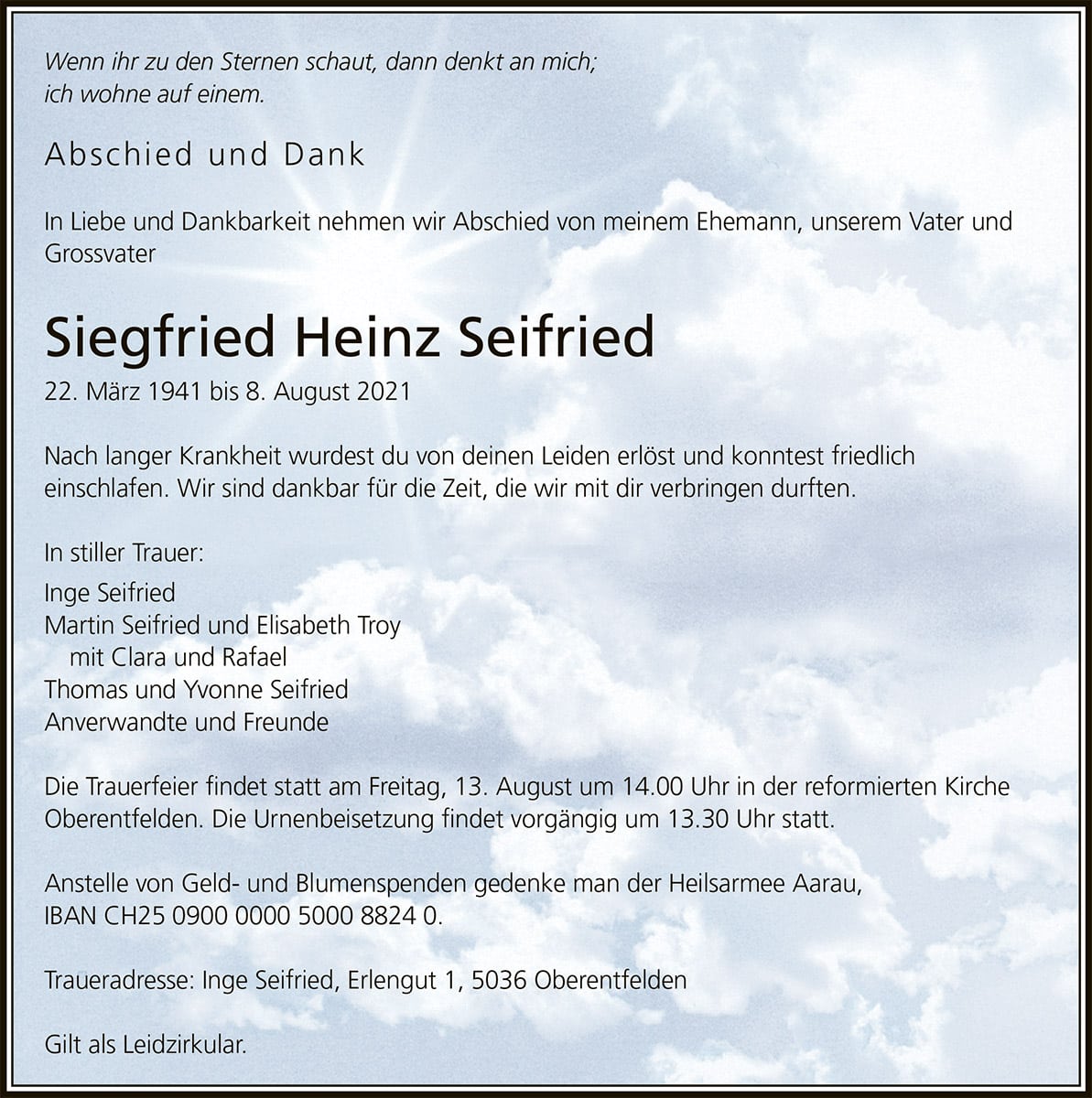 Todesanzeige Siegfried Heinz Seifried 1941 | Der Landanzeiger