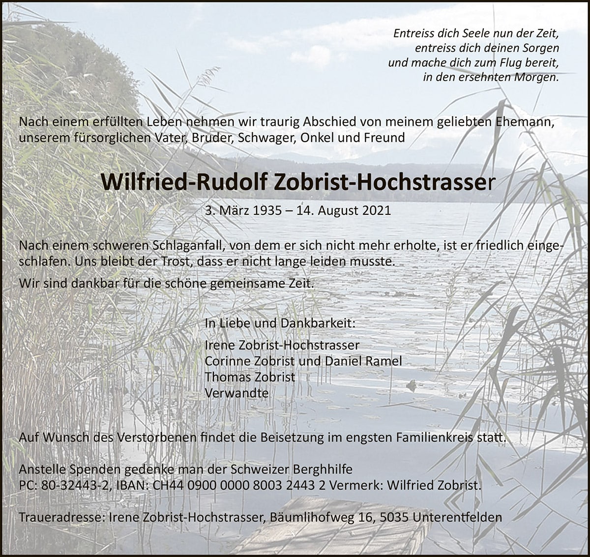 Todesanzeige Wilfried-Rudolf Zobrist-Hochstrasser 1935 | Der Landanzeiger