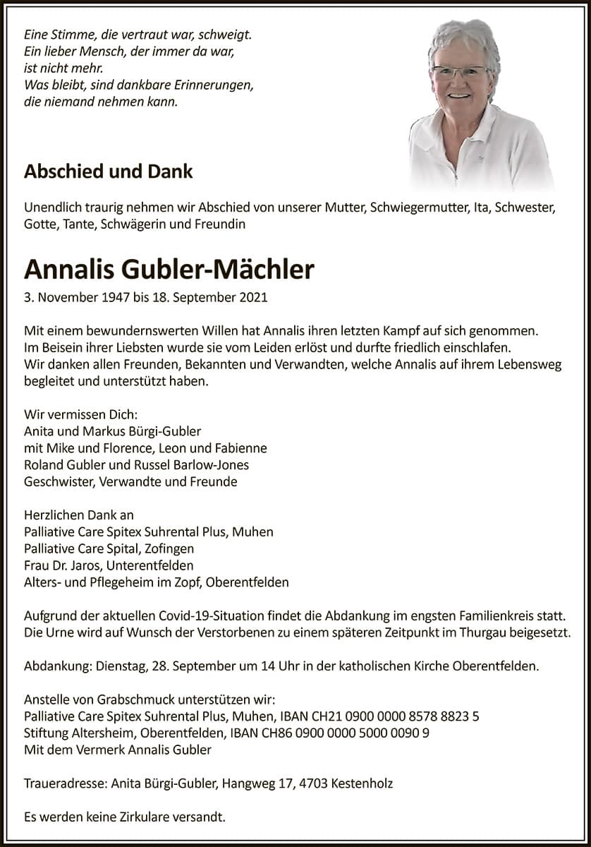 Todesanzeige Annalis Gubler-Mächler 1947 | Der Landanzeiger