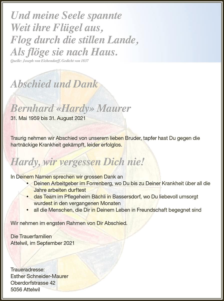 Todesanzeige Bernhard «Hardy» Maurer 1959 | Der Landanzeiger