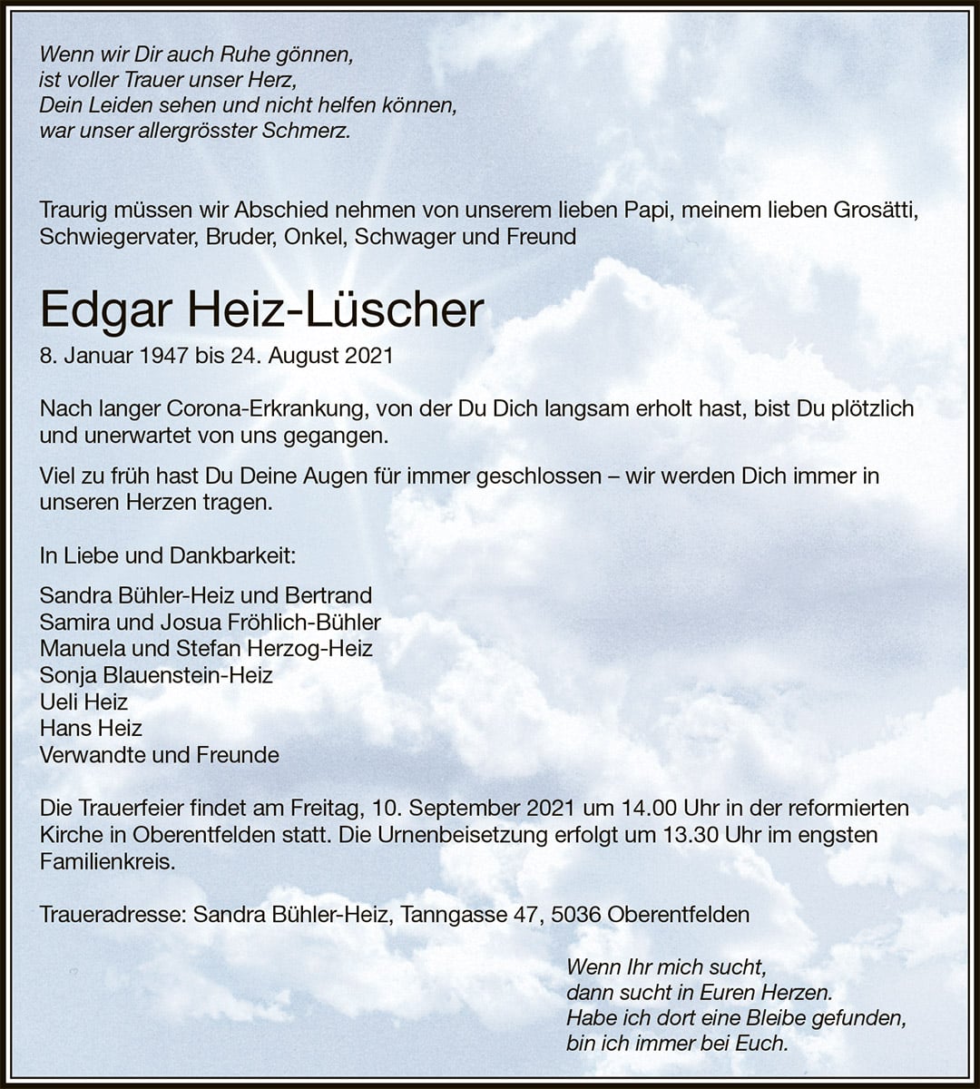 Todesanzeige Edgar Heiz-Lüscher 1947 | Der Landanzeiger