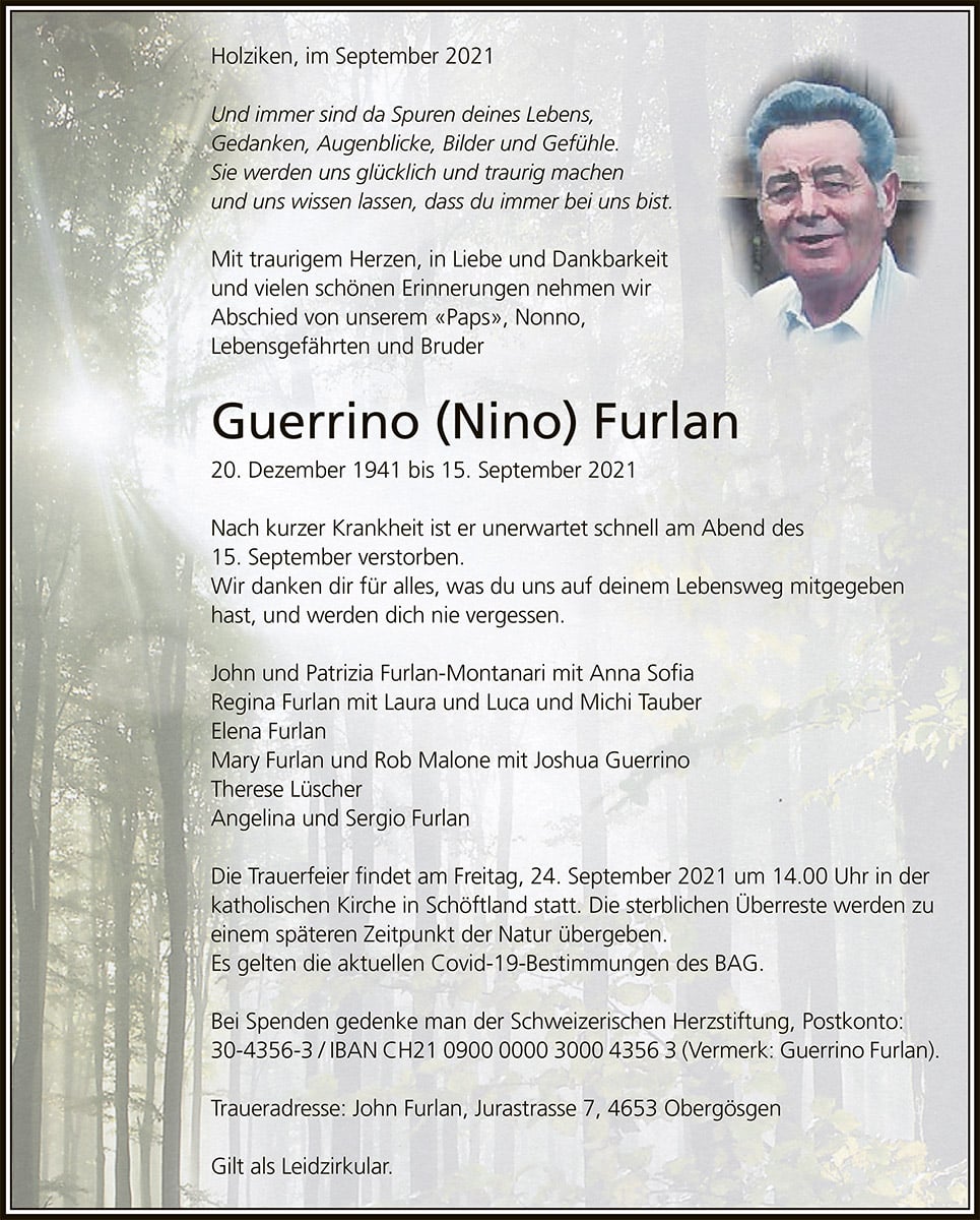 Todesanzeige Guerrino (Nino) Furlan 1941 | Der Landanzeiger