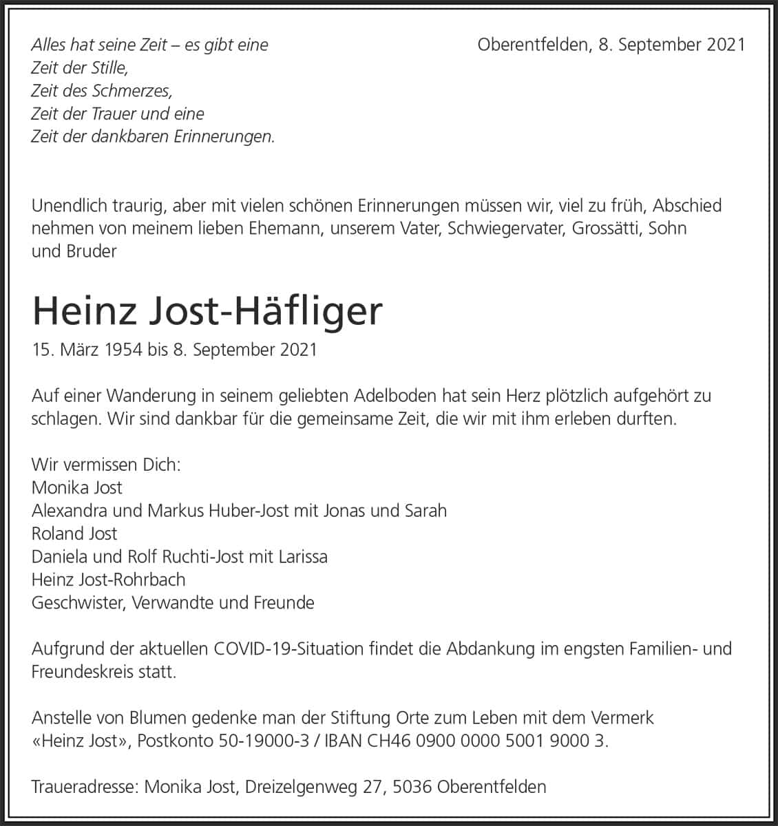 Todesanzeige Heinz Jost-Häfliger 1954 | Der Landanzeiger