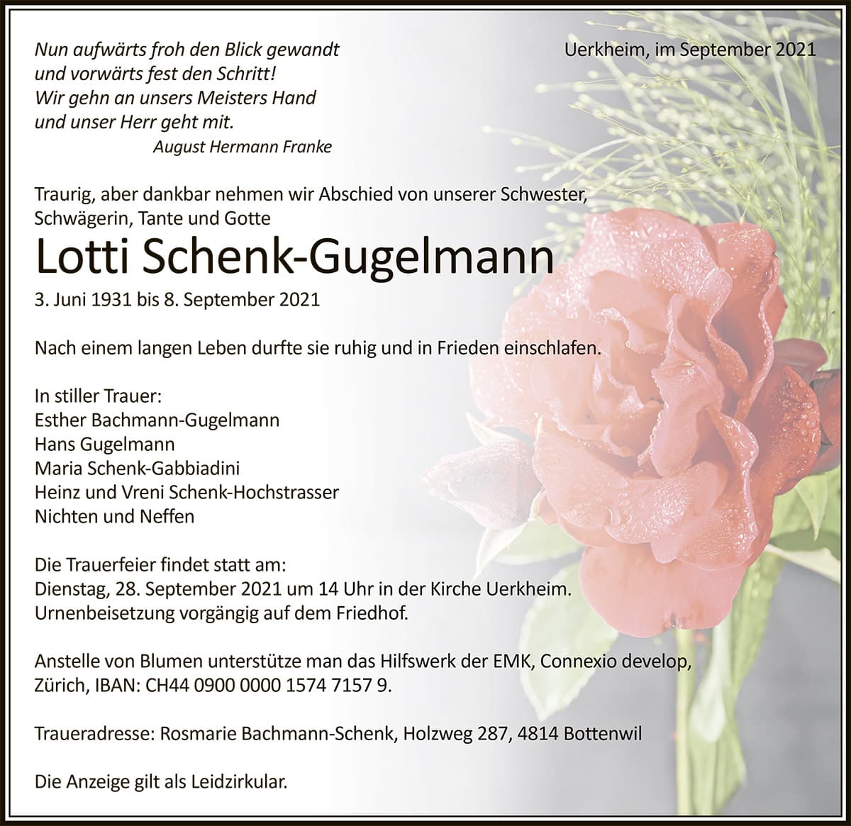 Todesanzeige Lotti Schenk-Gugelmann 1931 | Der Landanzeiger