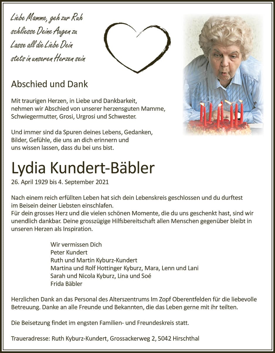 Todesanzeige Lydia Kundert-Bäbler 1929 | Der Landanzeiger