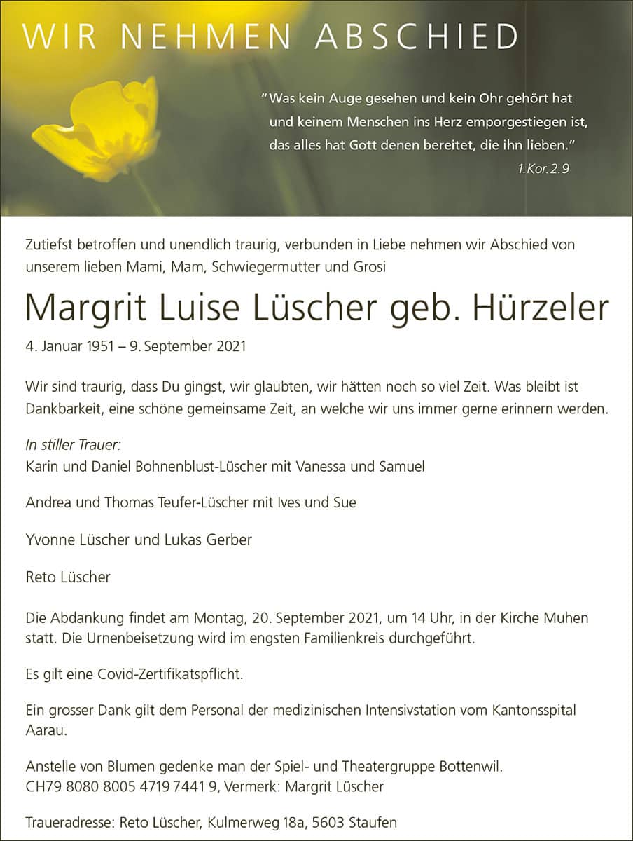 Todesanzeige Margrit Luise Lüscher geb. Hürzeler 1951 | Der Landanzeiger