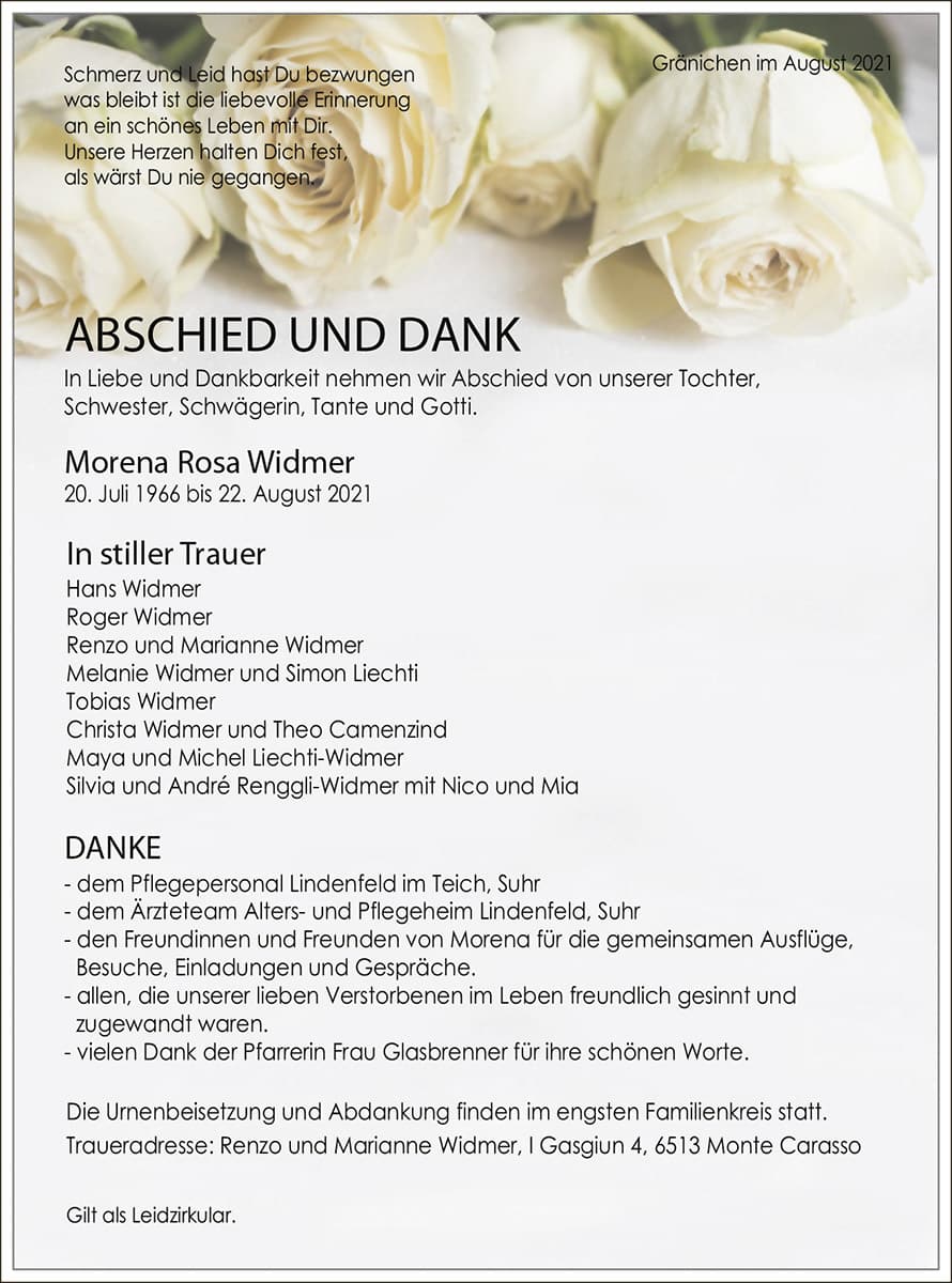 Todesanzeige Morena Rosa Widmer 1966 | Der Landanzeiger
