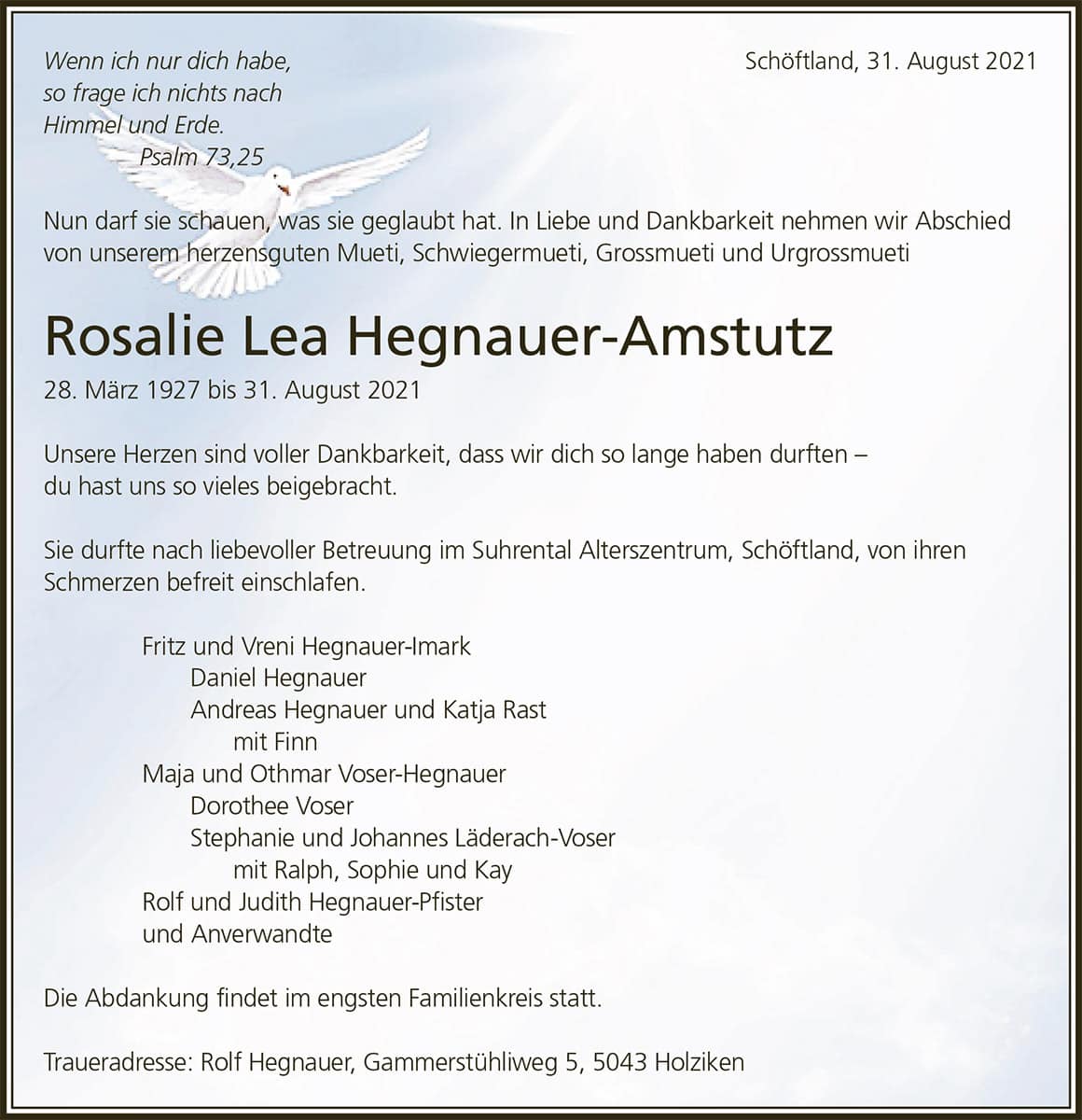 Todesanzeige Rosalie Lea Hegnauer-Amstutz 1927 | Der Landanzeiger