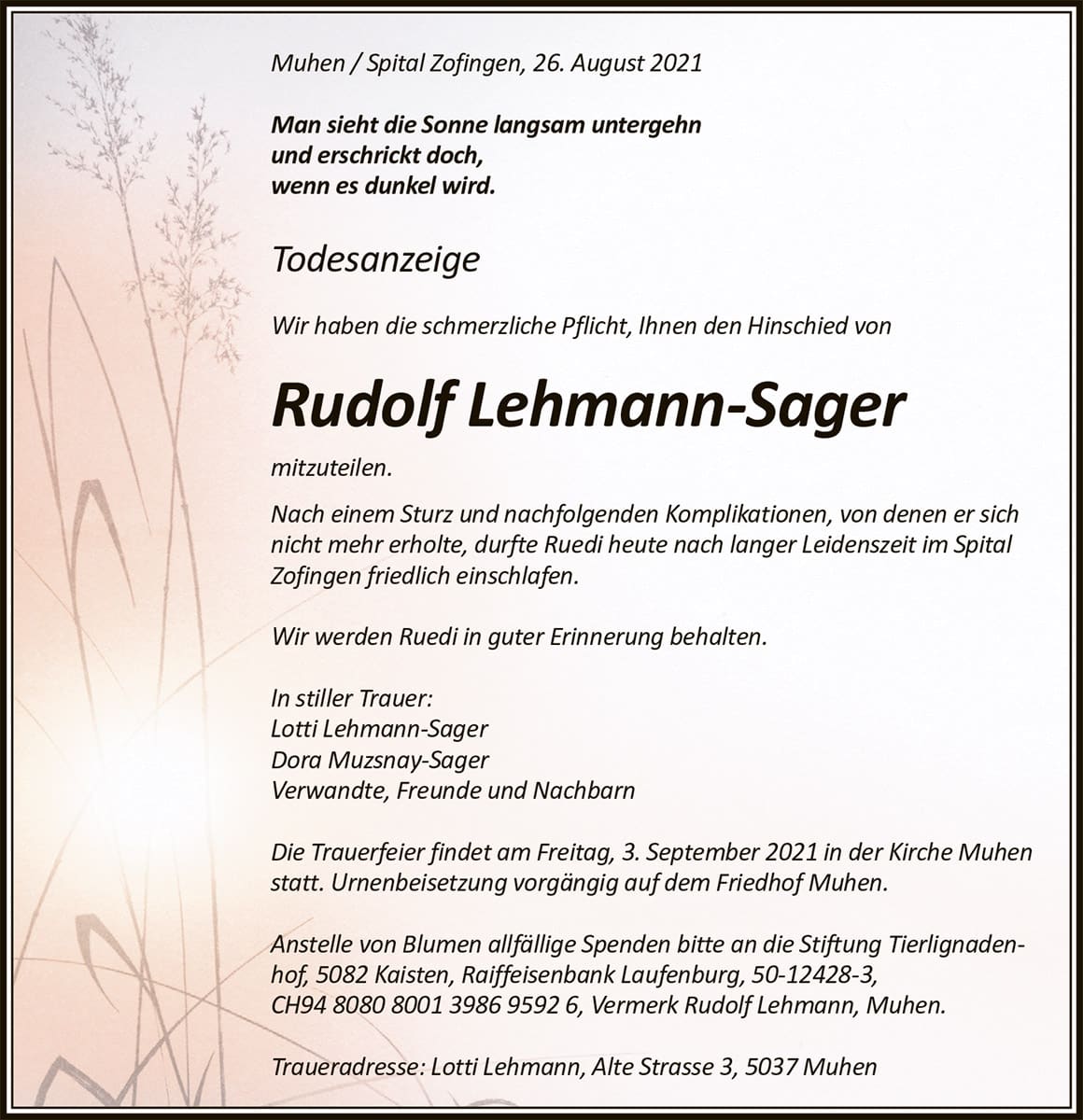 Todesanzeige Rudolf Lehmann-Sager | Der Landanzeiger