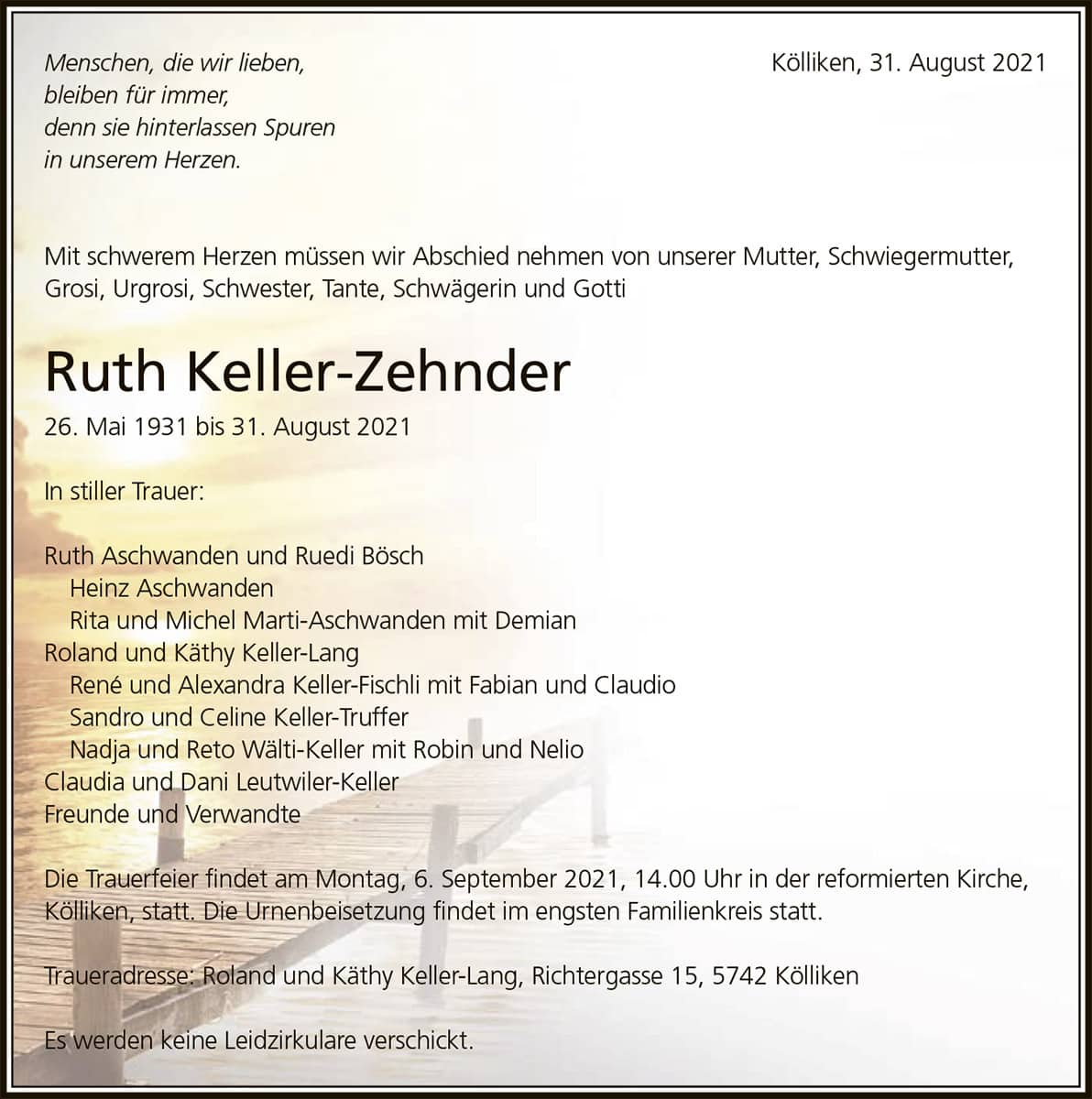 Todesanzeige Ruth Keller-Zehnder 1931 | Der Landanzeiger