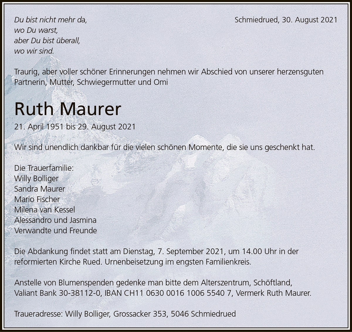 Todesanzeige Ruth Maurer 1951 | Der Landanzeiger