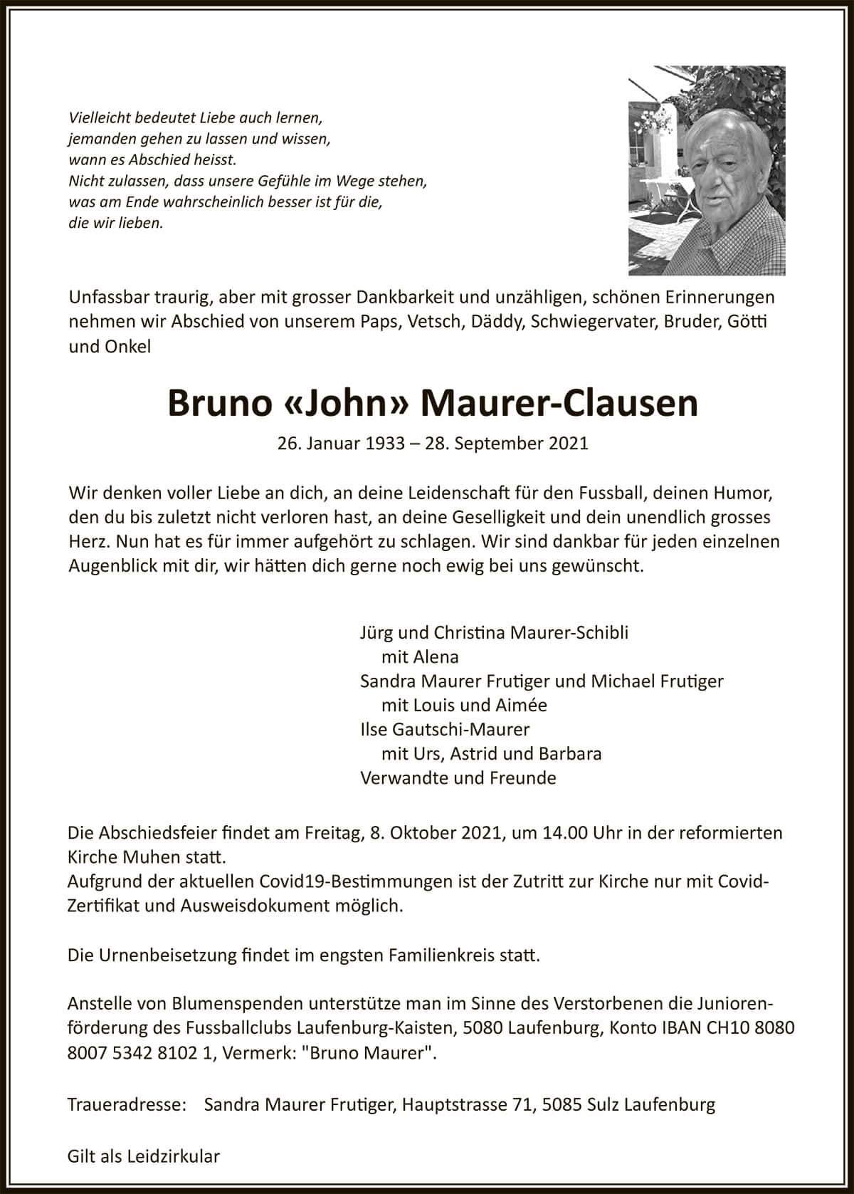 Todesanzeige Bruno «John»Maurer-Clausen | Der Landanzeiger
